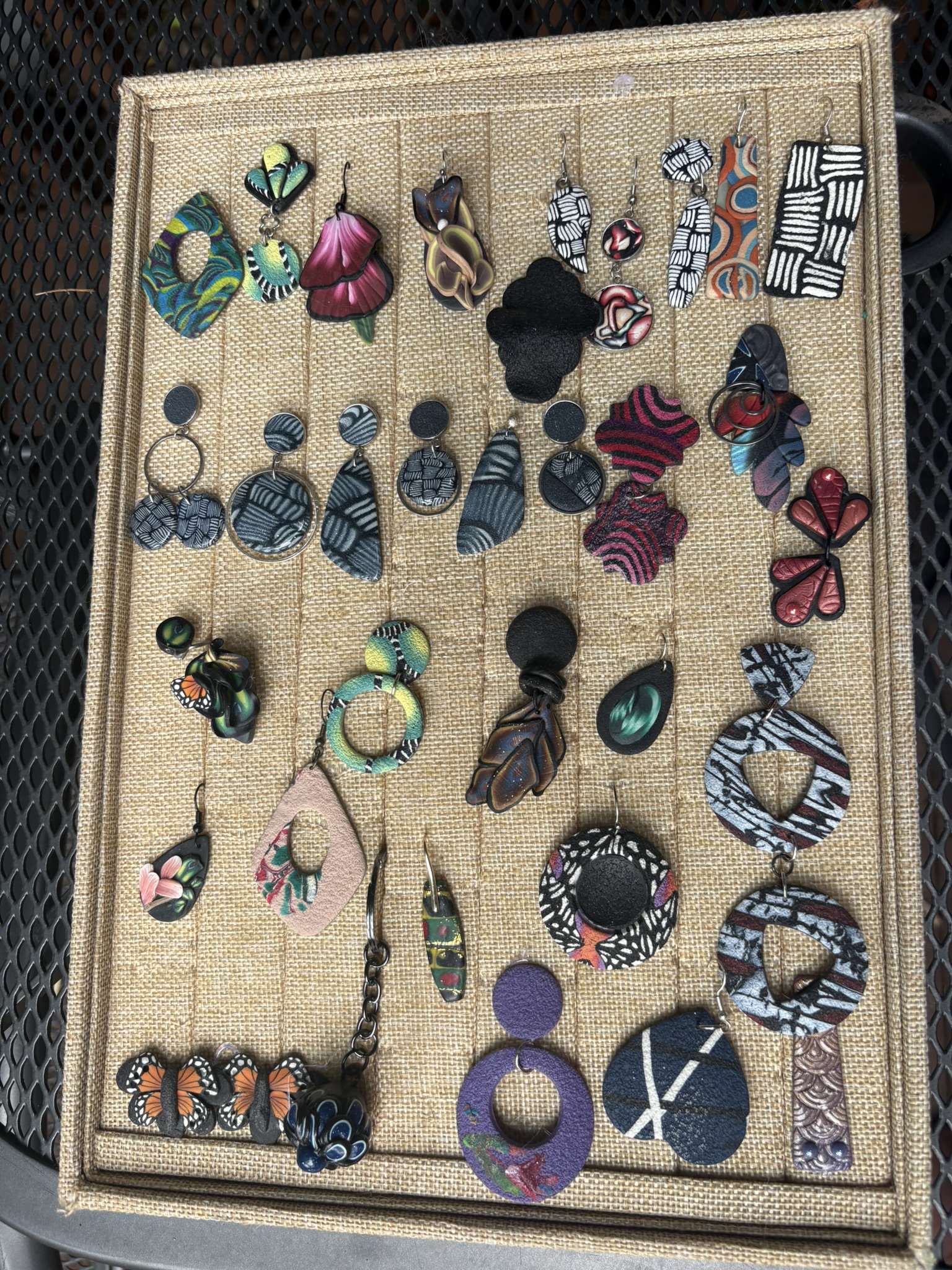Tray of handmade polymer clay earrings